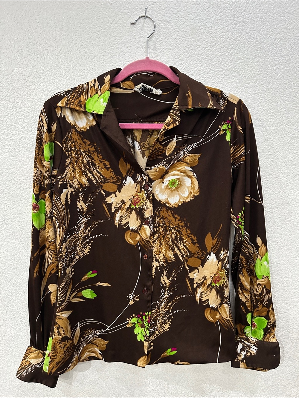 1970s Brown Floral Button-Up Blouse with Green Accents